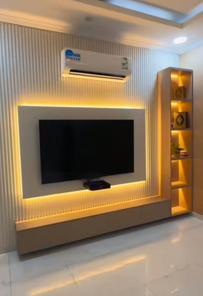 Panel flotante de TV con iluminación LED dorada indirecta y mueble organizador